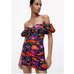 Zara Bloggers Favorite Floral Print Off The Shoulder Puff Sleeve Mini Dress S